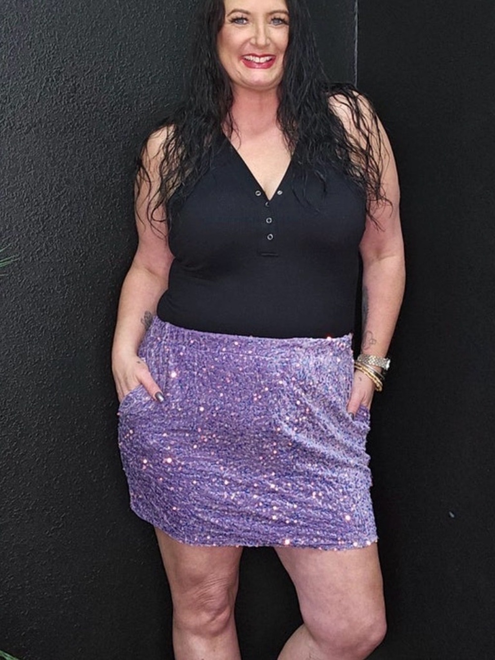 Lavender Sequin Mini Skirt with Pockets